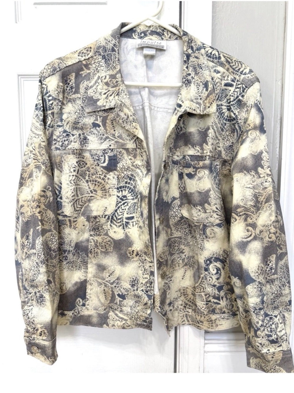 Women’s Printed Denim Jean Jacket size XL X Large Ivory Gray Tan Cotton USA
